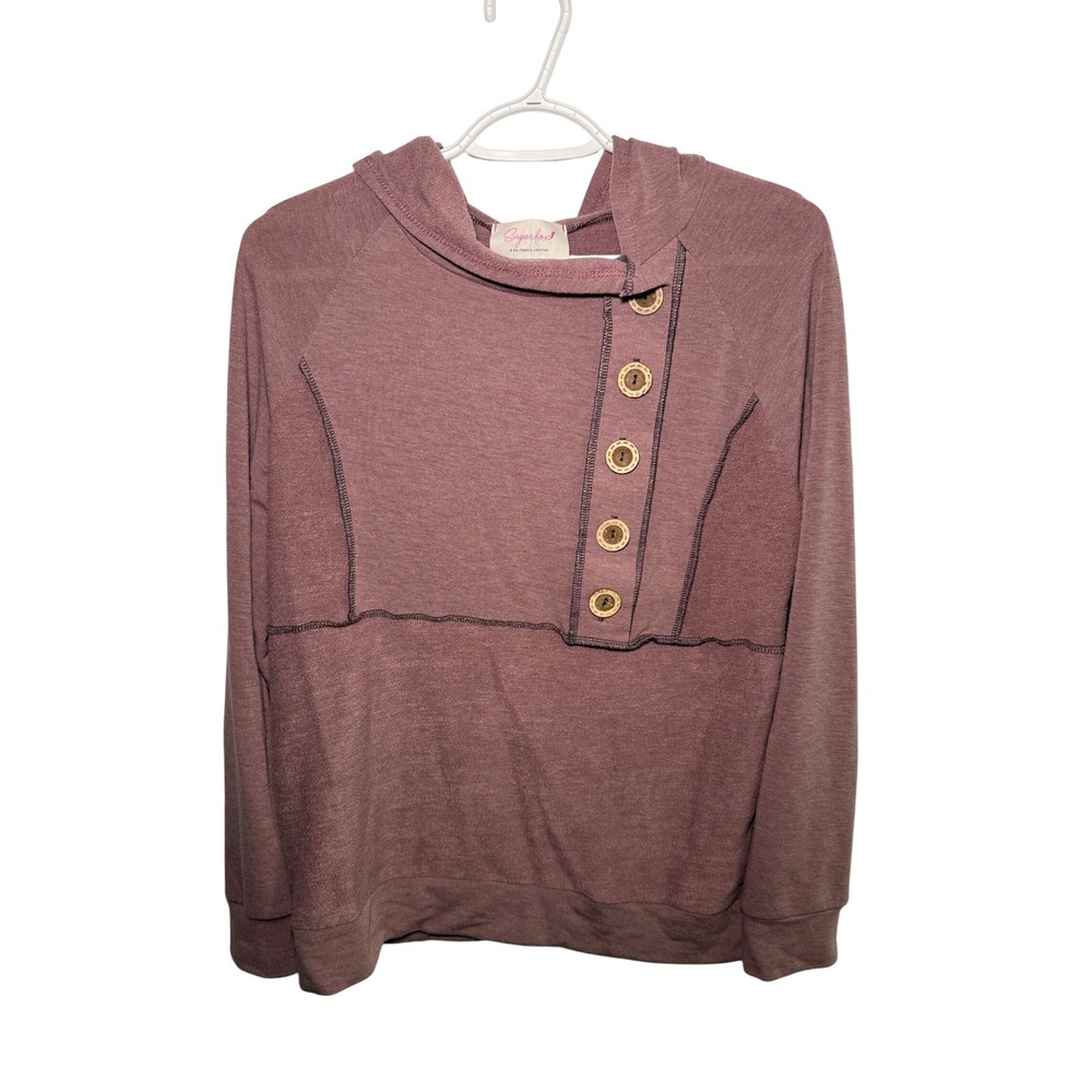 Sugarfox Womens Small Mauve Hoodie Pullover Distressed Asymmetric Henley Boho